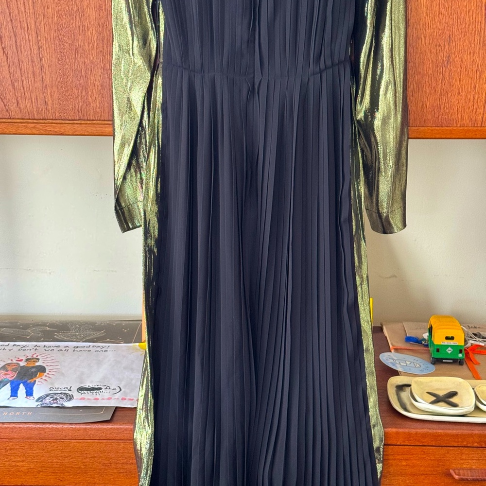 Loewe Shiny Pleated Lurex Midi Length Dress. Sweet shiny metallic olive green. - Picture 10 of 15